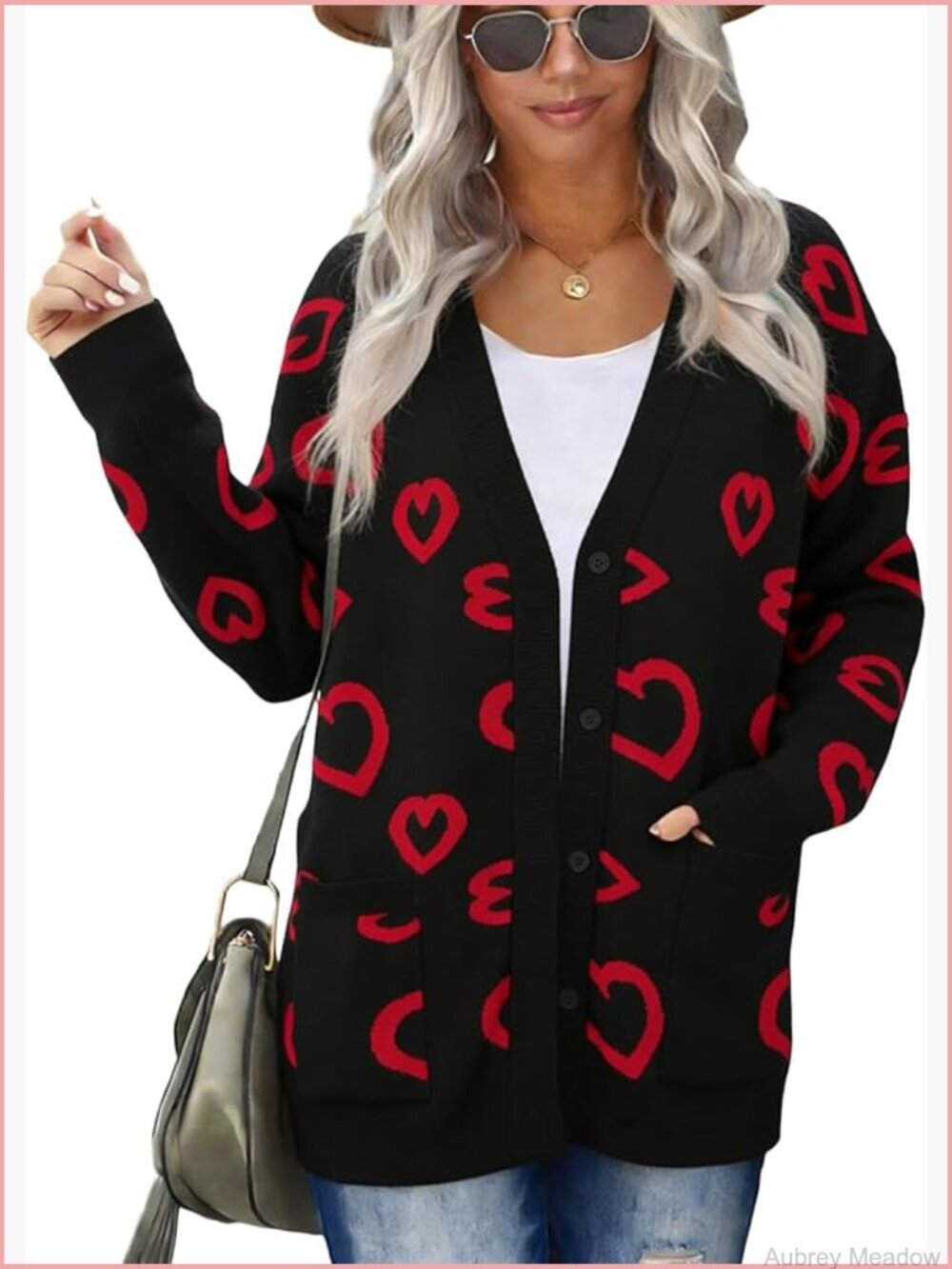 Heart Print Button Down Cardigan with Pockets Cozy Knit Valentine Sweater